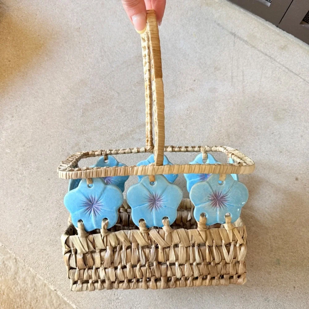 Vintage Woven Straw Basket Ceramic Blue Morning Glory Flowers Bohemain Caddy